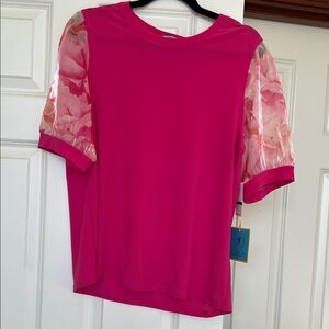 CeCe Fuchsia Top with Sheer Floral Sleeves